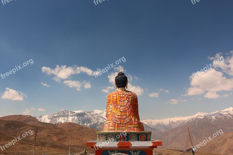 Buddha Statue Langza Village Himachal Pradesh Spiti Valley Snow Mountains