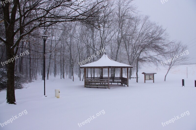 Gazebo In The Snow Snow Snowing Park Trees