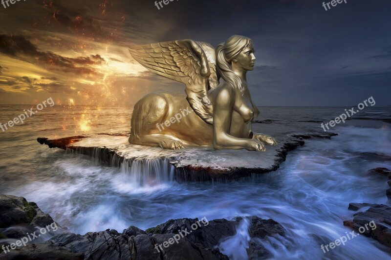 Fantasy Dark Sphinx Statue Woman