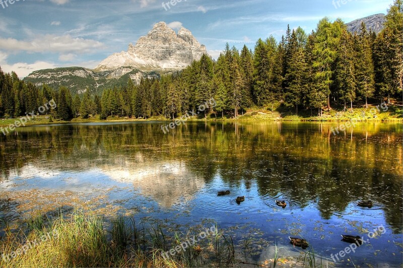 Three Zinnen Lago Antorno Dolomites Landscape Alpine