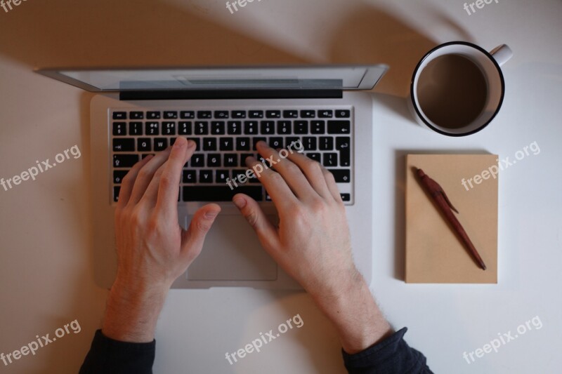 Laptop Hands Coffee Notebook Desk