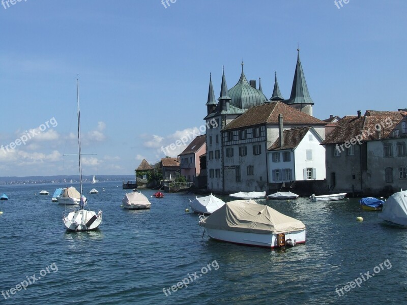 Lake Constance Church Boats Idyll Summer