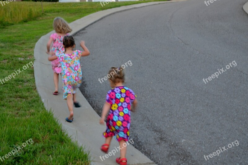 Children Playing Girls Running Hill