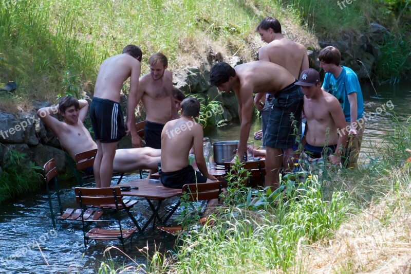 Boys Men Footballers Cooling Off River