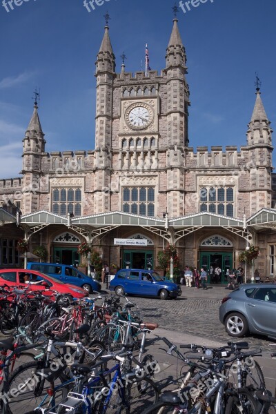 Railway Station Taxi Bicycles Forecourt Clock