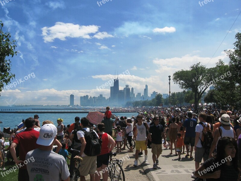 Crowd Chicago Lake Front Skyline Urban