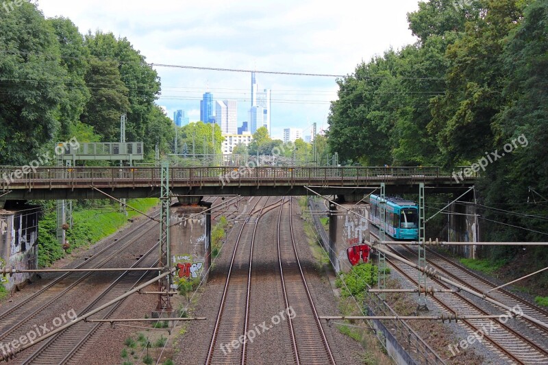 Frankfurt Skyline Skyscrapers Railway Rails Transport