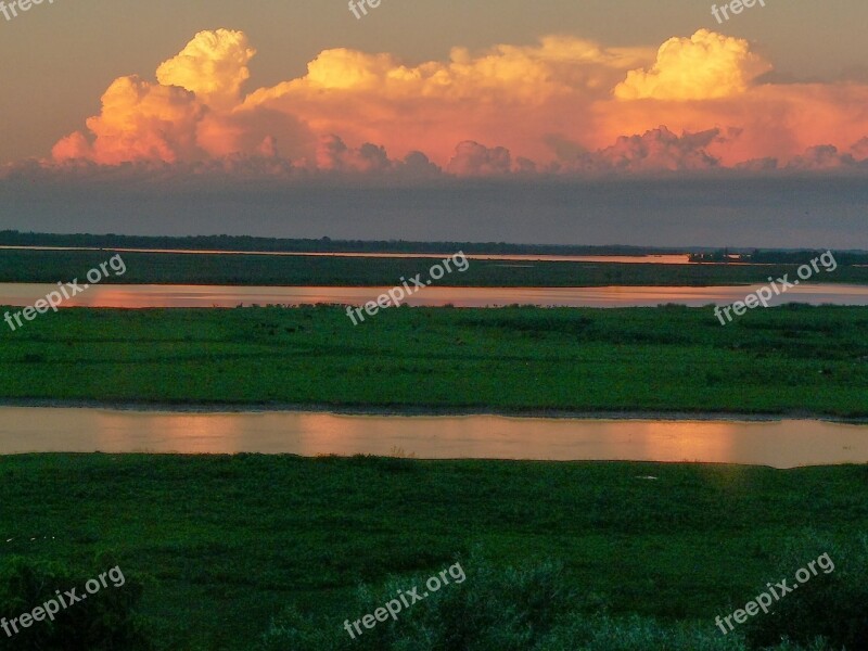 Dawn Sunset River Water Field