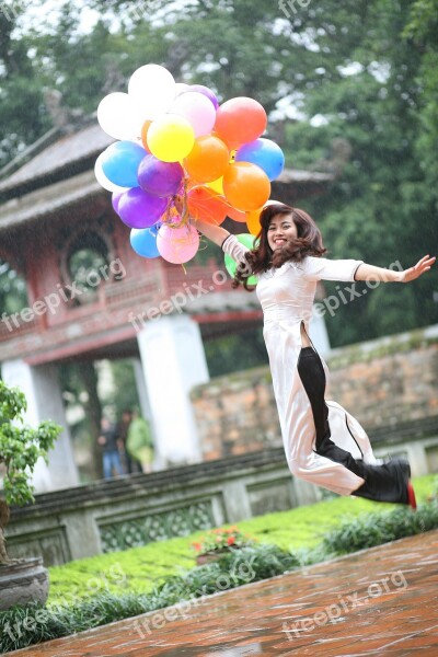 Girl Asian Balloons Freedom Jump