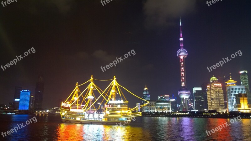 Shanghai The Bund Night View Oriental Pearl Tower Free Photos