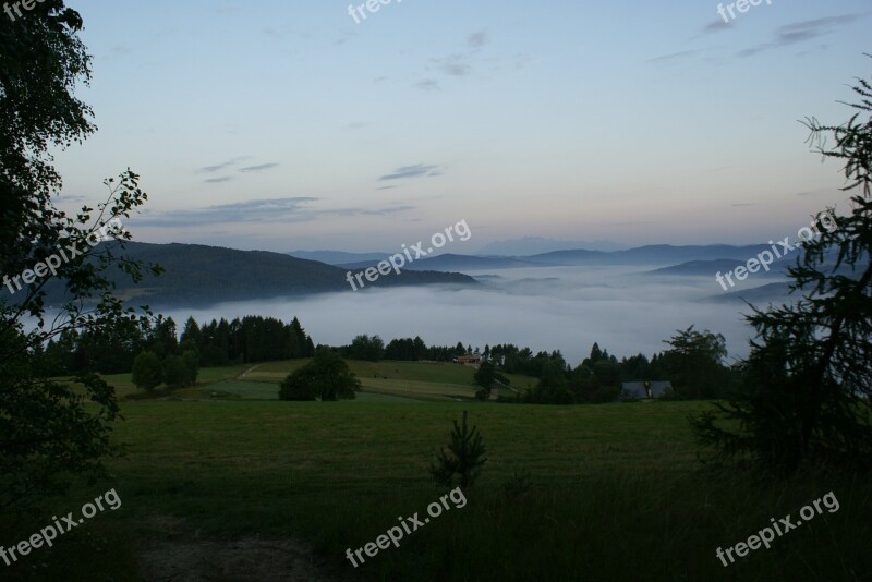 The Fog Morning In The Morning Meadow Mountains