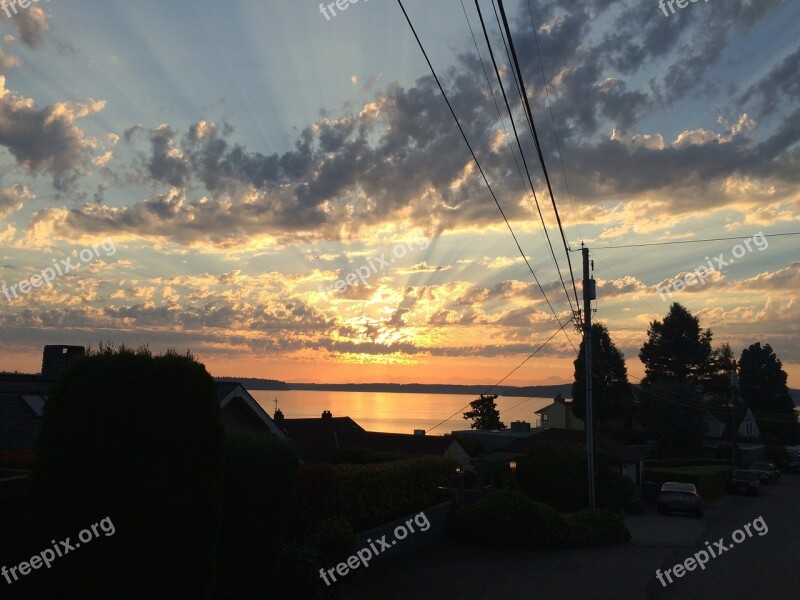 Sunset Waterfront Clouds Water Dusk