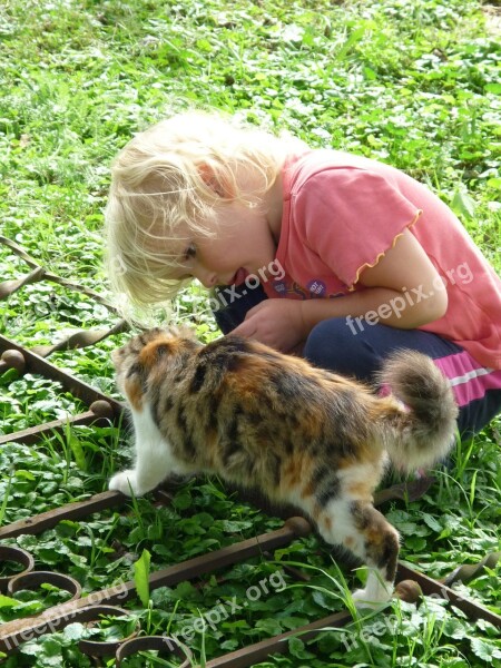 Girl Cat Pet Country Life Stroke