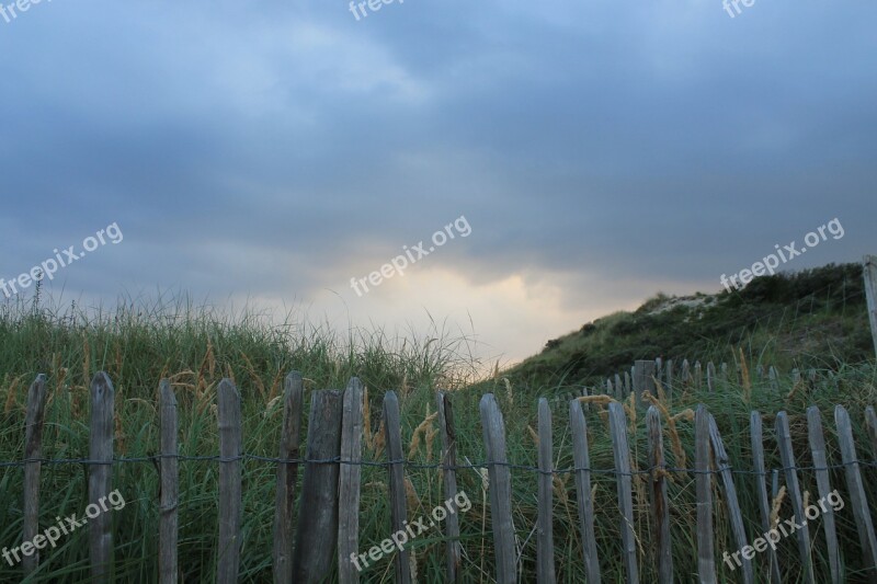 Fence Demarcation Dunes Sunset Clouds