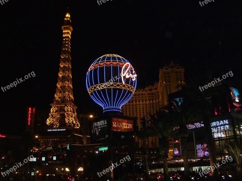 Las Vegas City Eiffel Tower Illuminated Night