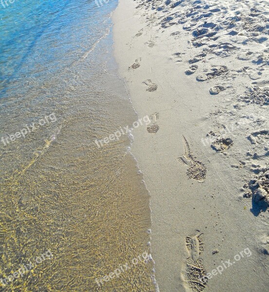 Sandy Beach Footprint Water Sea Summer