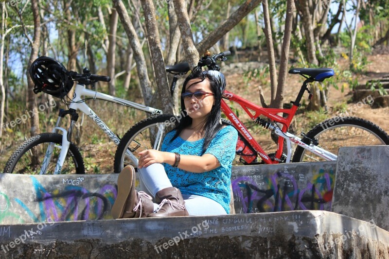 Woman Bicycle Relaxing Break Rest