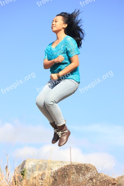 Girl Chinese Jump Woman Happy