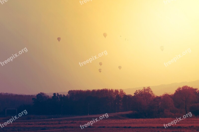 Hot Air Balloons Floating Freedom Sunset Landscape