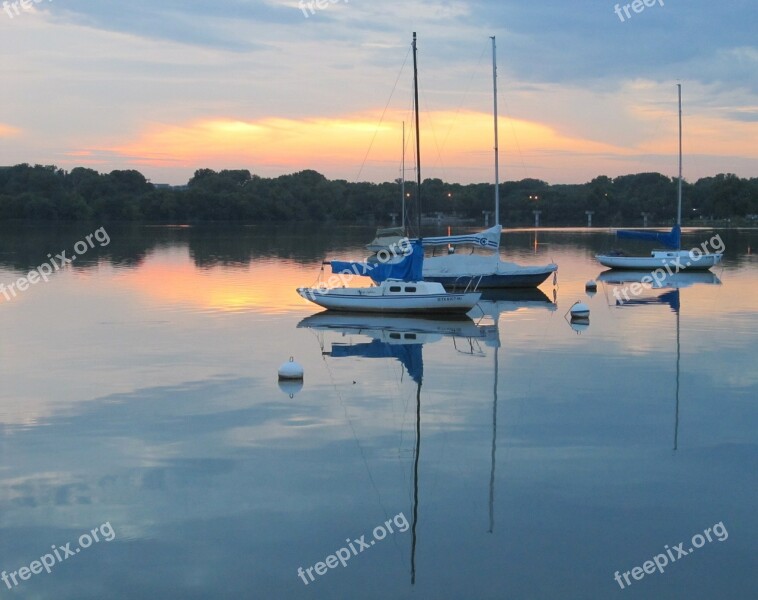 Lake Sunset Sail Boats Serene Serenity