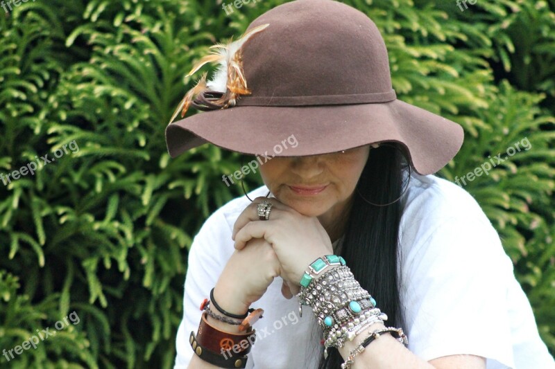 Woman Brunette Hat Thinking Sad