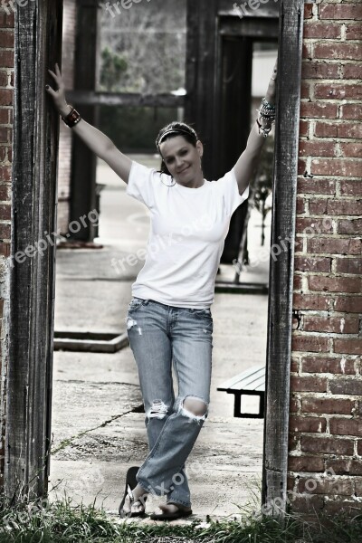 Woman Posing Relaxed Park Jeans