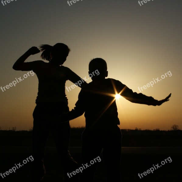 Children Silhouettes Sunset Shadow Joy