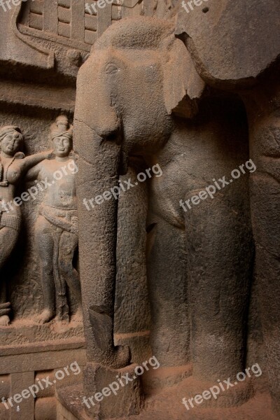 Elephant Statue Karla Caves Carved Stone India