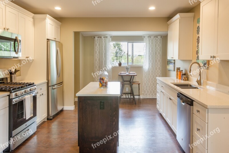 Kitchen White Cabinets Stainless Steel Island Hardwood