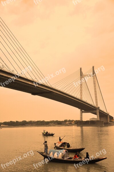 Kolkata Suspension Bridge Bridge Fishing Boats India