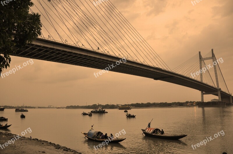 Kolkata Suspension Bridge Bridge Fishing Boats India