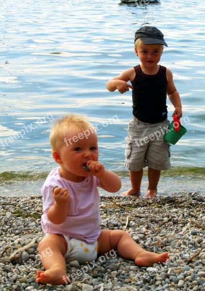 Children Water Stones Beach Play