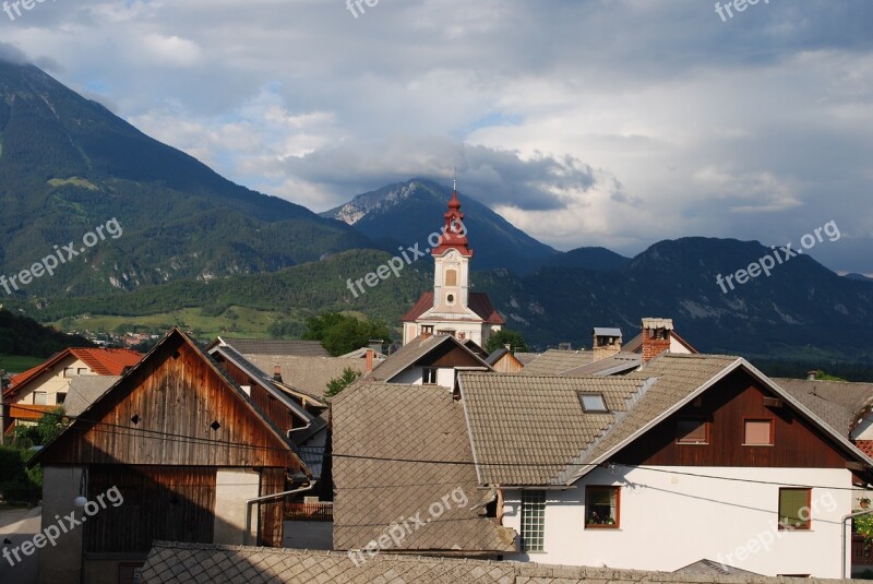 Mountain Church Steeple Slovenia Houses