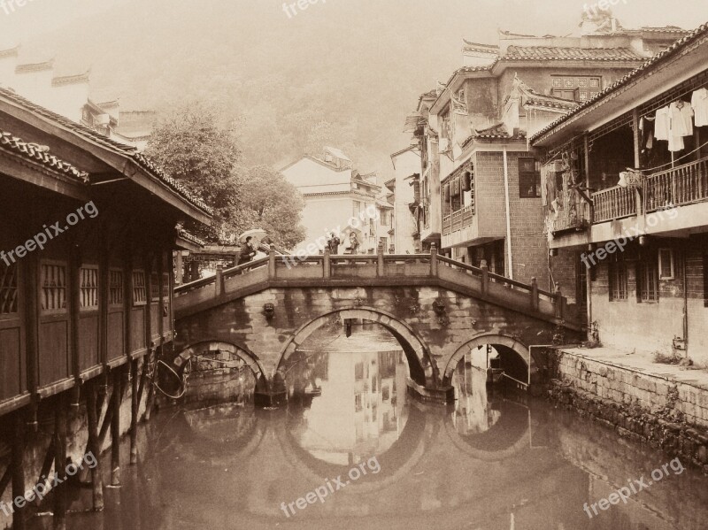 Bridge Old Sepia Asian River