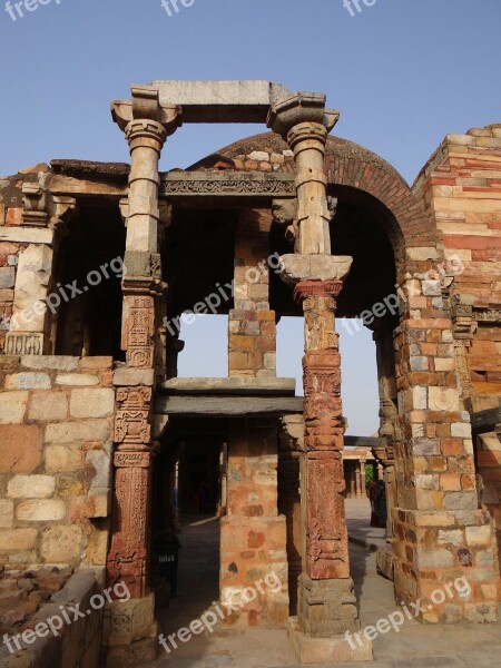 Qutab Complex Pillars Carved Stonework Red Sandstone