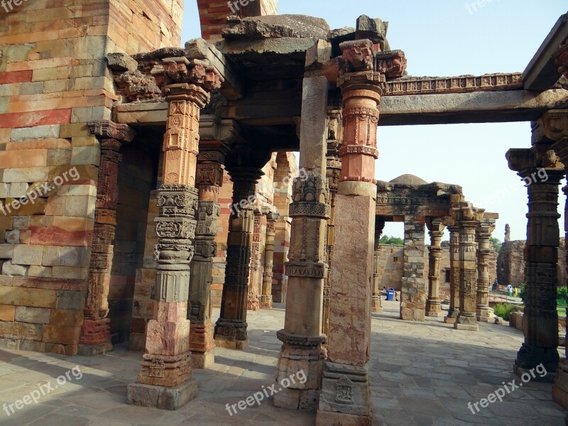 Qutab Complex Pillars Carved Stonework Red Sandstone