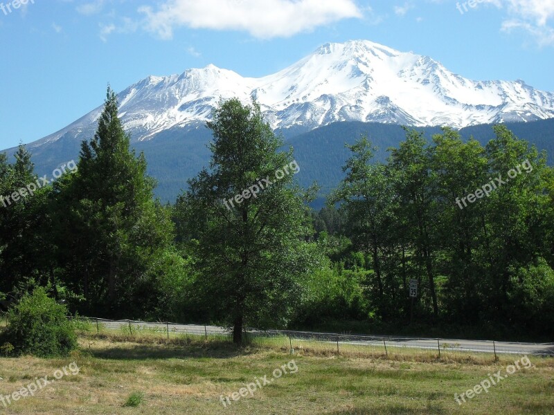 Mount Shasta Trees Blue Green Landscape