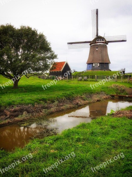 Netherlands Windmill Canal Stream Trees