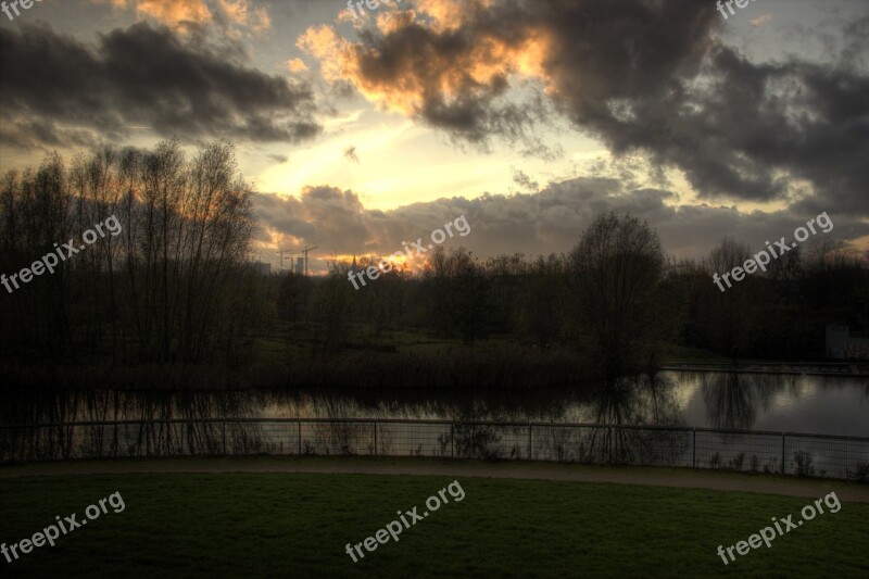 Park Sunset Grass Water Brook