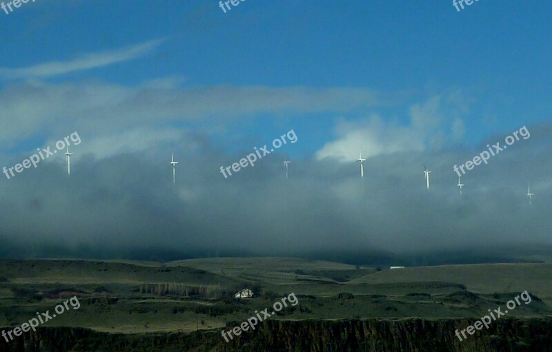 Windmills Low Clouds Sky Hill Side Free Photos