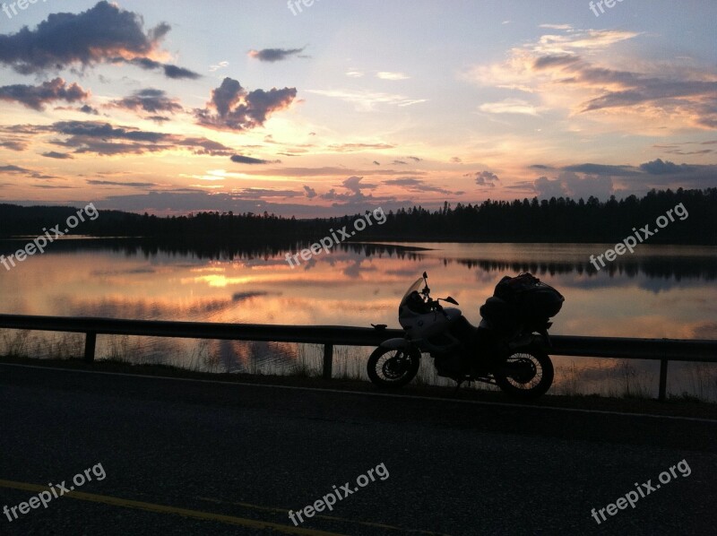 Motorcycle Sunset Lake Freedom Journey