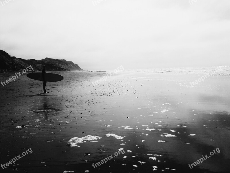 Surfer Beach Grayscale Ocean Sea