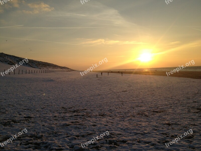 Sunset Dutch Beach The Netherlands Snow