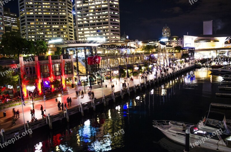 Darling Harbour Sydney Night Lights Reflection Lights