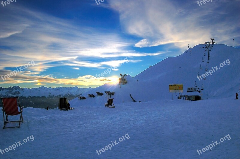 Mountains Snow Sun Loungers Sunset Sky