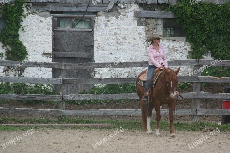 Woman Riding Horse Cowboy Farm