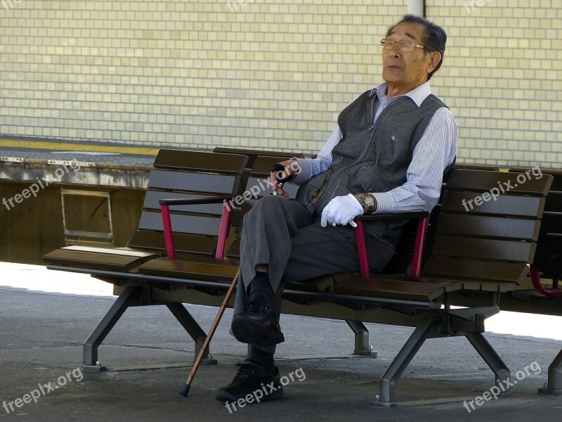 Japanese Old Man Sitting Grandpa Thinking