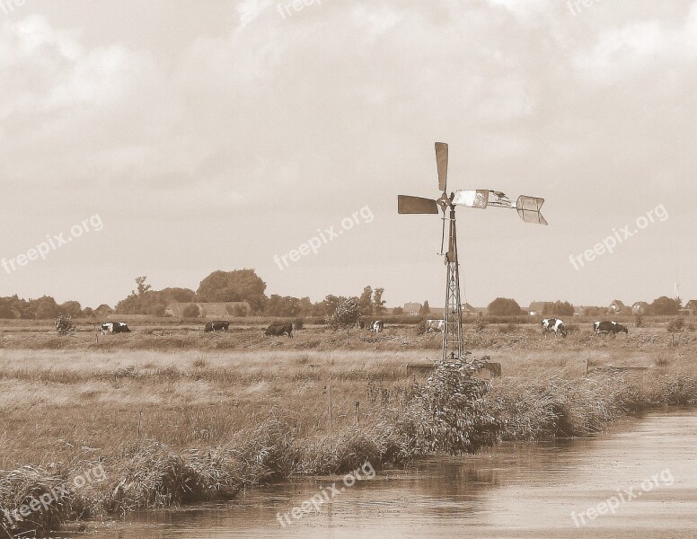 East Frisia Pinwheel Windmill Architecture River