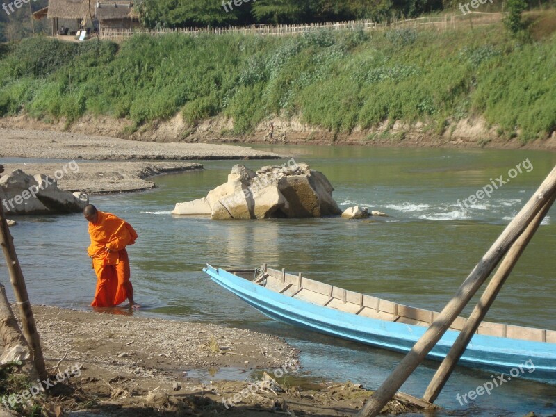 Buddhist Monk Laos River Bading Free Photos