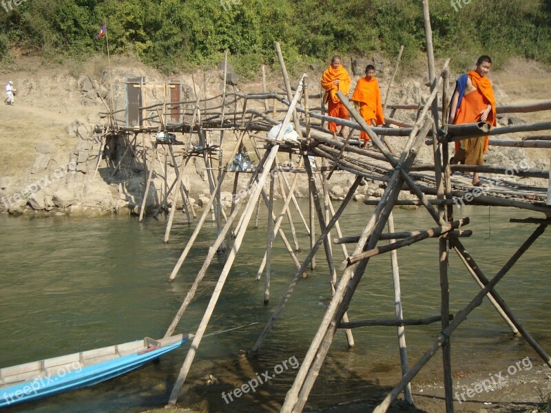 Monks Buddhist Laos Bridge River